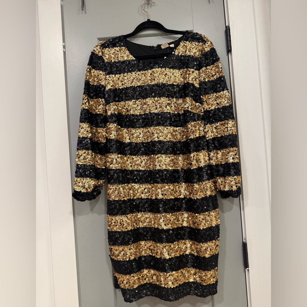 GAP Black and Gold Striped Sequin Long Sleeve Dress